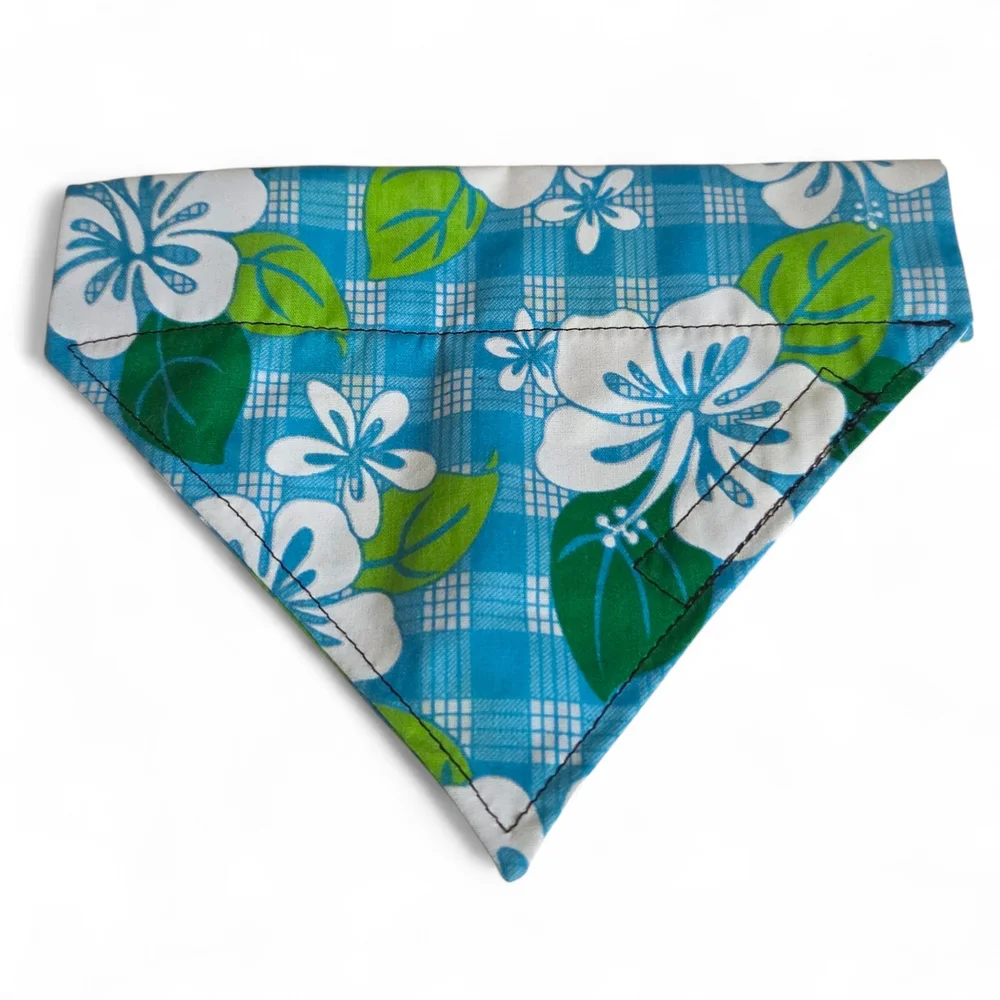 Tiki Dawg Tropical Print Dog Bandana White Hibiscus Green Monstera Blue NWOT